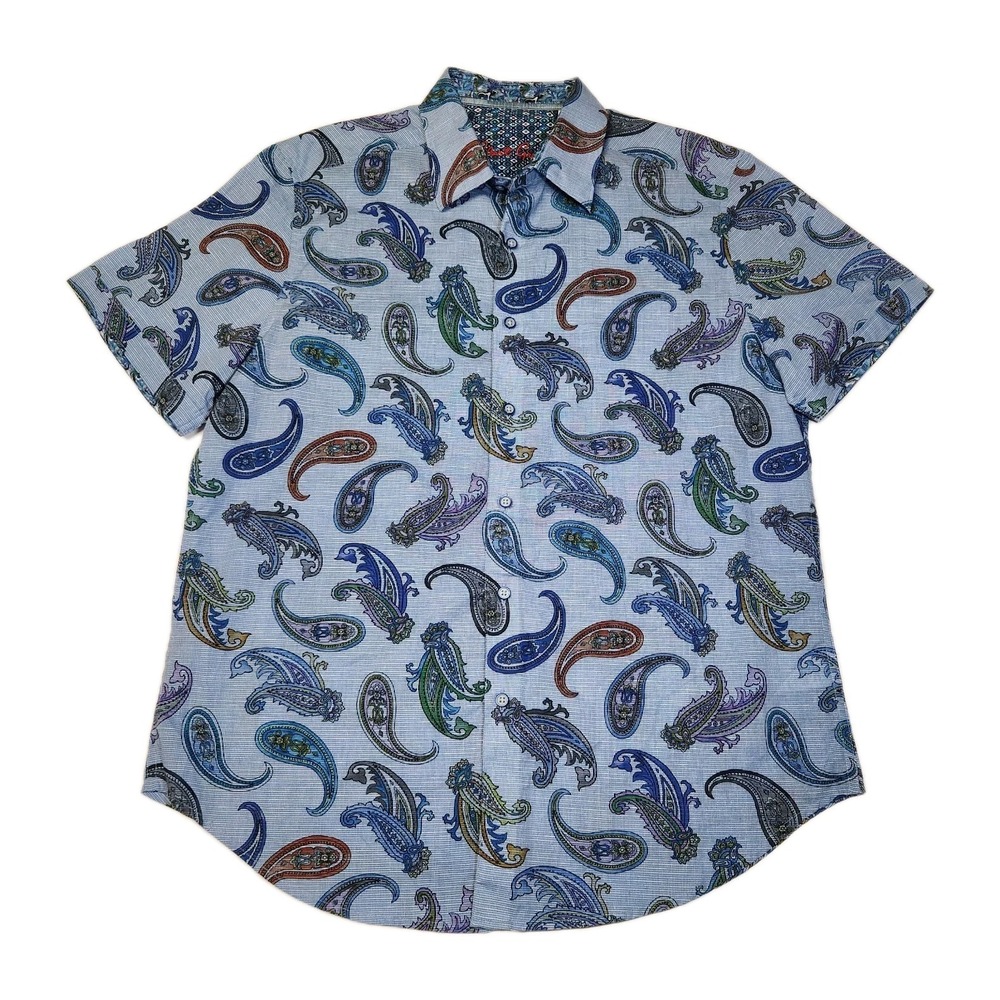 Robert Graham Mens Large Paisley Short Sleeve Button Up Shirt Blue Linen Blend
